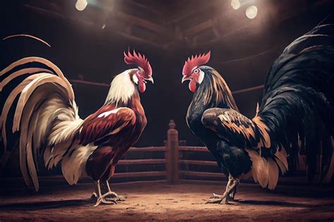 Premium AI Image Two Roosters Stand In Arena Before Start Of Cockfights