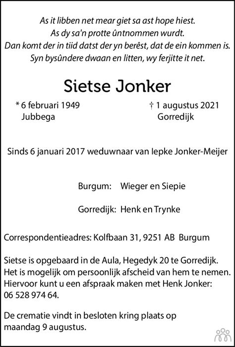 Sietse Jonker 01 08 2021 Overlijdensbericht En Condoleances Mensenlinq Nl