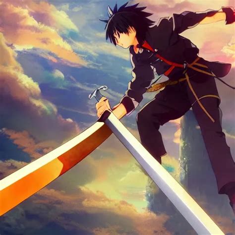 Anime Protagonist Tries To Pull Out A Giant Sword From Stable Diffusion