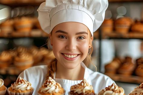 Happy Chef Holding Cupcake Tray Premium Ai Generated Image