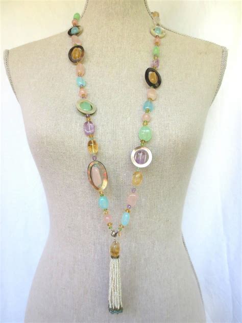 Multi Color Semi Precious Bead Long Lariat Necklace With Pearl Tassel For Sale At 1stdibs