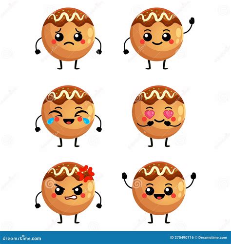 Vector Illustration Of Kawaii Cute Takoyaki Set Cartoon Flat Design