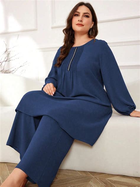 Shein Najma Plus Size Women S Solid Color Round Neck Lantern Sleeve