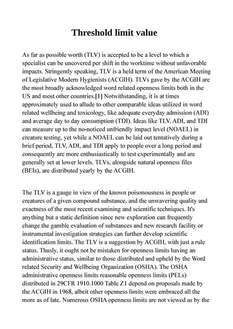 Threshold Limit Value Ifah Threshold Limit Value As Far As Possible