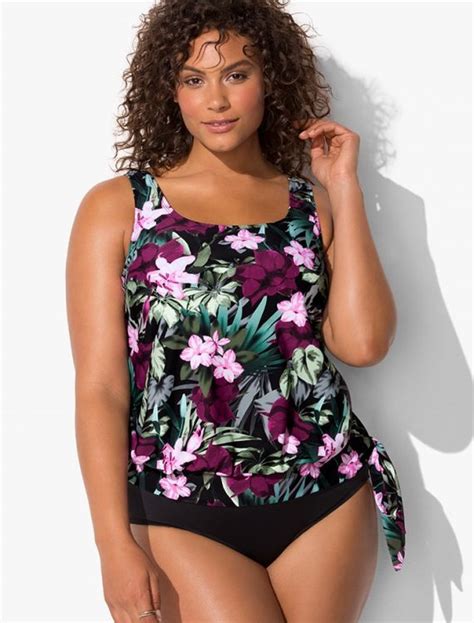 Plus Size Derby Side Tie Blouson Tankini