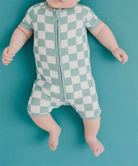 Seafoam Checkered Bamboo Short Romper Little Magnolia Co