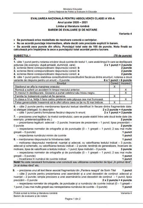 Baremul de corectare pentru subiectele la proba de Limba Română de la