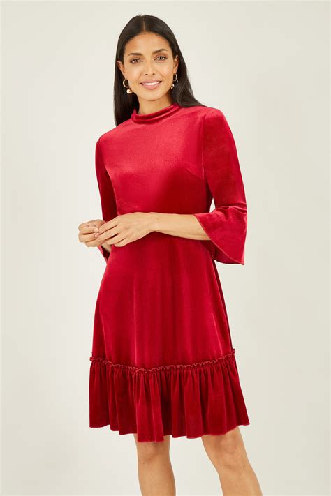 Mela Red Velvet High Neck Skater Dress Mela