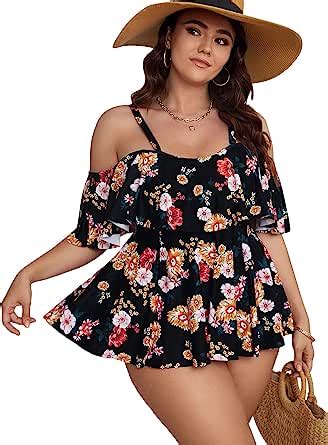 Soly Hux Plus Size Piece Tankini Floral Print Swimsuit Ruffle Trim Bikini Set Tummy Control
