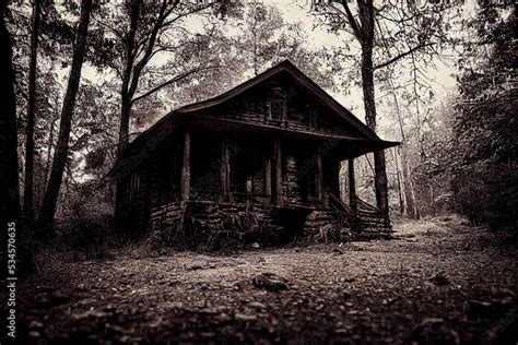 Creepy Cabin In The Woods Illustration Of A Haunted House Stock