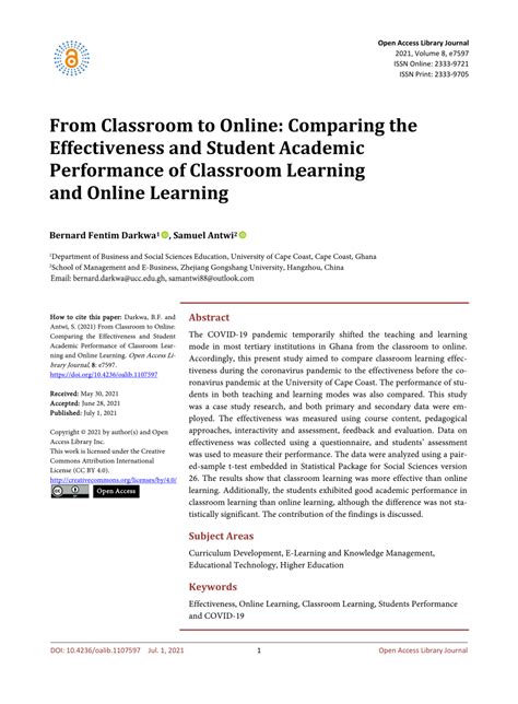 PDF From Classroom To Online Comparing The Effectiveness And Student