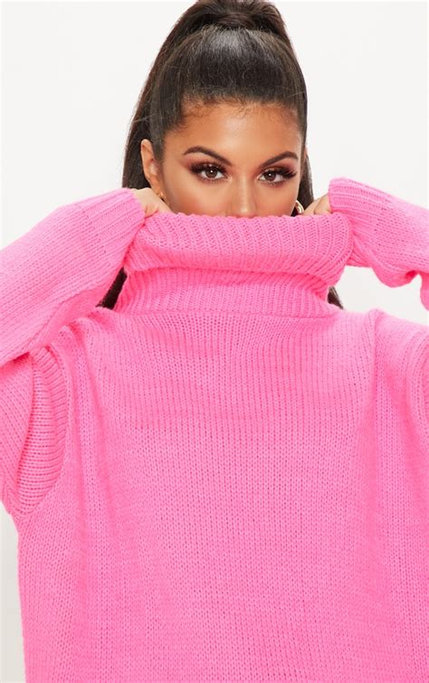 Hot Pink High Neck Fluffy Knit Sweater Prettylittlething Usa