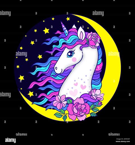 Head Of A White Unicorn With A Rainbow Mane On A Black Background