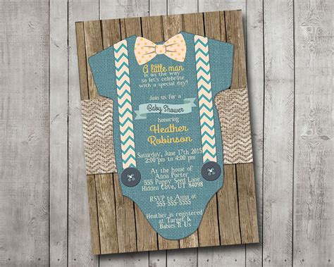 Boy Baby Shower Invitation Blue Onesie Bow Tie Suspenders Burlap