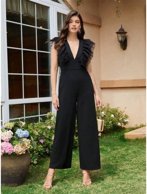 Buy Shein Belle Plunging Neck Ruffle Trim Wide Leg Jumpsuit Online