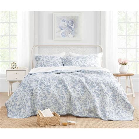 Laura Ashley Amberley Piece Soft Blue Floral Cotton King Quilt Set In