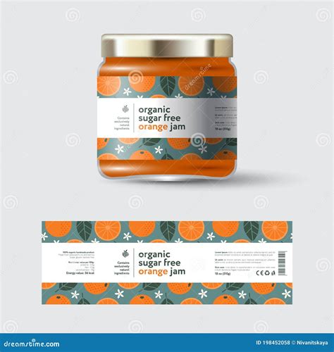 Orange Jam Label And Packaging Jar With Cap With Label Stock Vector