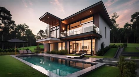 Premium AI Image | Modern big house with pool at evening view