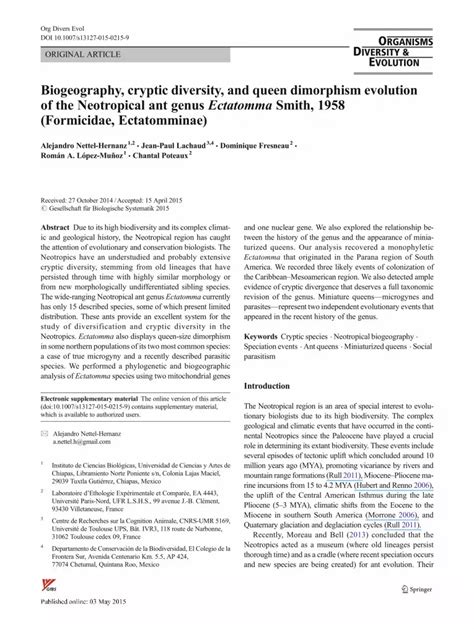 PDF Biogeography Cryptic Diversity And Queen Dimorphism Evolution