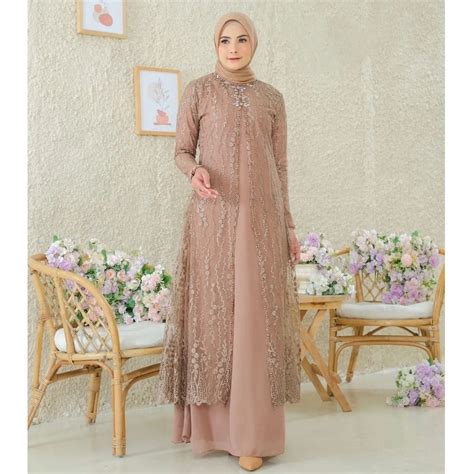 Jual Wx Vallina Outfit Indira Dress Brokat Layering Elegant Gamis