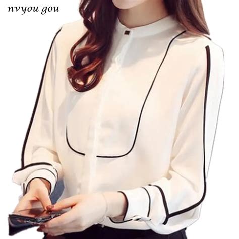 Nvyou Gou Elegant Long Sleeve Blouses Women Ol Chiffon Blouse Top Office Lady White Women High