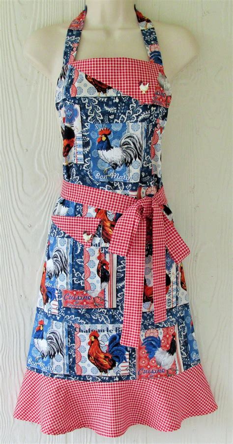 French Country Apron Red Gingham Chicken And Rooster Motif