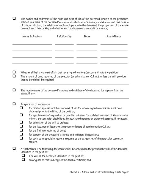 Virgin Islands Administration Of Testamenatary Estate Checklist Fill