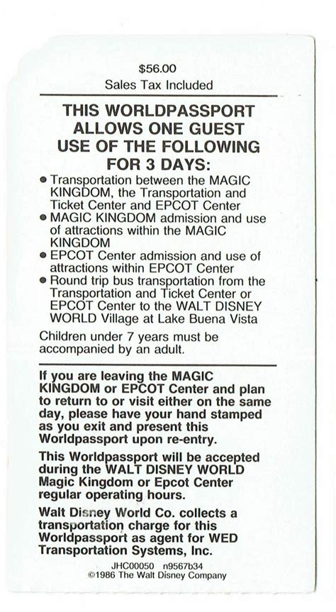 1986 Mkc Magic Kingdom Club Walt Disney World 3 Day Worldpassport Used