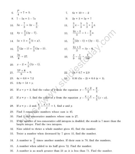 Cbse Class 7 Mental Maths Simple Equations Worksheet