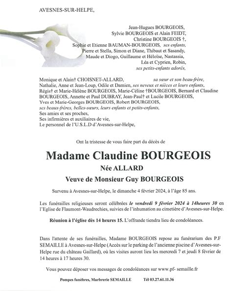 Avis de décès de Claudine BOURGEOIS Pompes funèbres Semaille