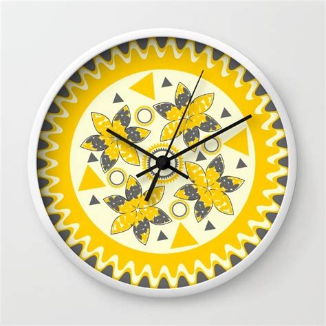 Flowers And Gears In Yellow Wall Clock By Cocodes Society6 Clock Wall Clock Yellow Wall Clocks