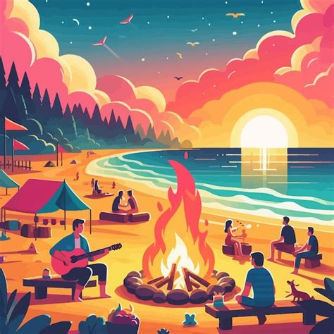 A Colorful Illustration Of A Beach Scene With People Sitting Around A