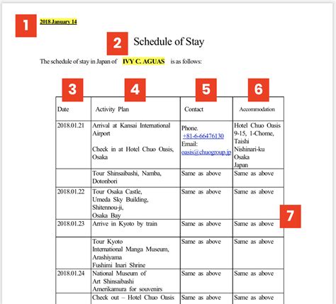 SAMPLE ITINERARY For JAPAN VISA Application Schedule Of Stay The