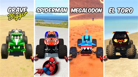 MONSTER JAM TRUCK MEGALODON Vs GRAVE DIGGER Vs SPIDERMAN Vs EL TORO