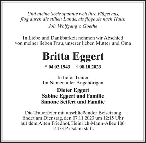 Traueranzeigen Von Britta Eggert Trauer Anzeigen De