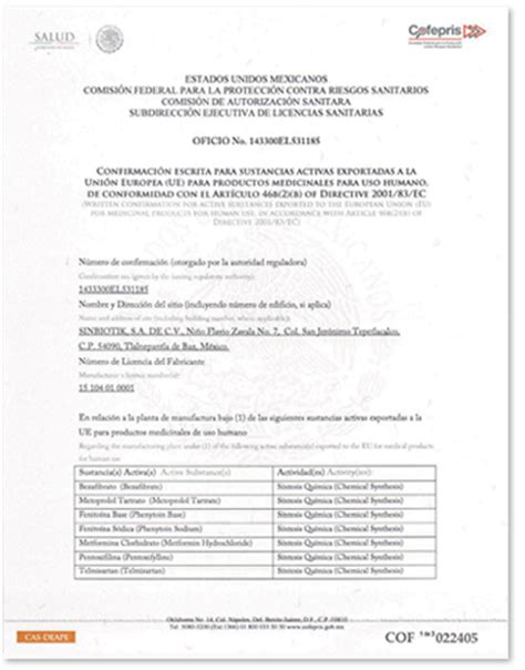 Certificado Cofepris Actualizado Julio