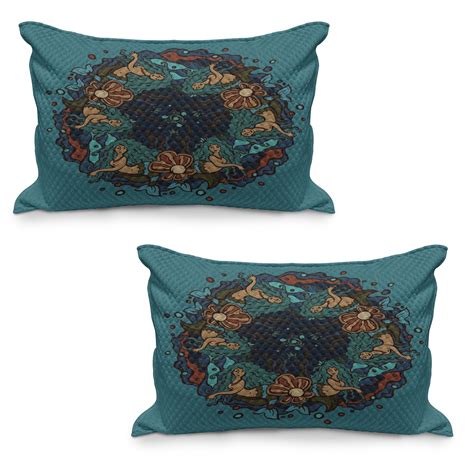 Mermaid Quilted Pillowcover Set Of 2 Marine Theme Circle Of Mermaids