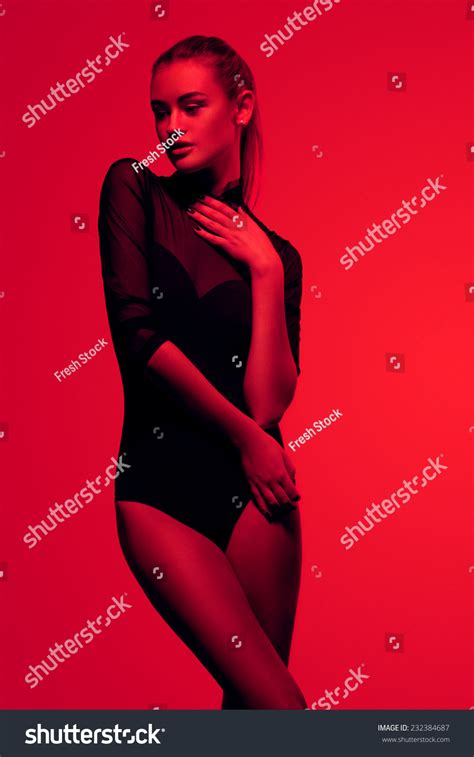Sexy Girl Black Lingerie On Red Stock Photo Shutterstock