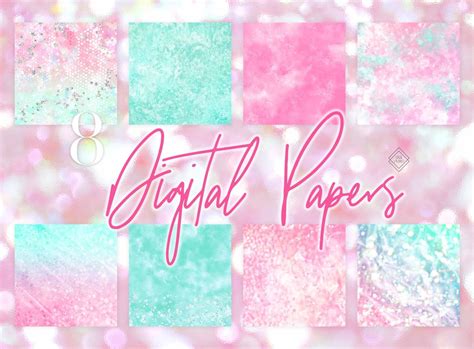 Pink Mint Green Digital Paper Watercolor Mermaid Sea Glitter Etsy