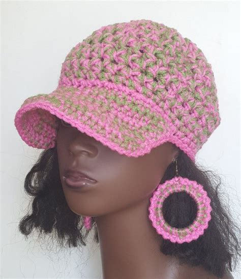 Pink And Green Chunky Crochet Baseball Cap With Earrings By Razonda Lee