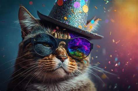 Un Gato Con Sombrero Y Gafas Con La Palabra Gato Foto Premium