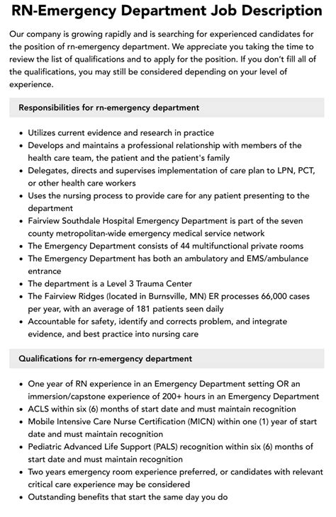 Rn Emergency Department Job Description Velvet Jobs