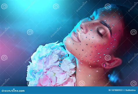 Beauty Fashion Woman Face Decorated With Gem Stones Crystals Diamonds