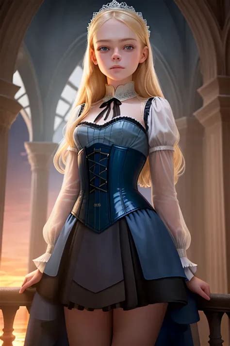 Dopamine Girl Aurora Standing In The Balcony Of A Dark Castle Looking Confused Blonde Hair