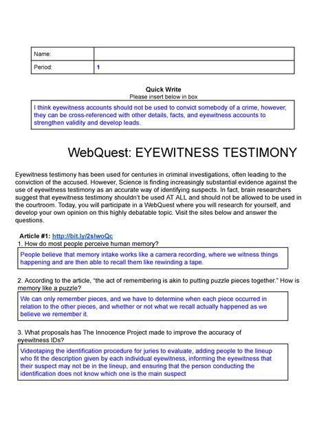 Eyewitness Testimony Webquest Name Period 1 Quick Write Please