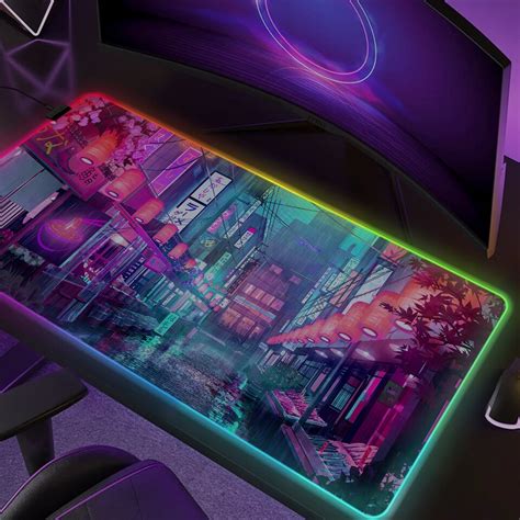 Rgb Desk Mat Gaming Mousepad Led Retro Neon Tokyo Vaporwave Synthwave