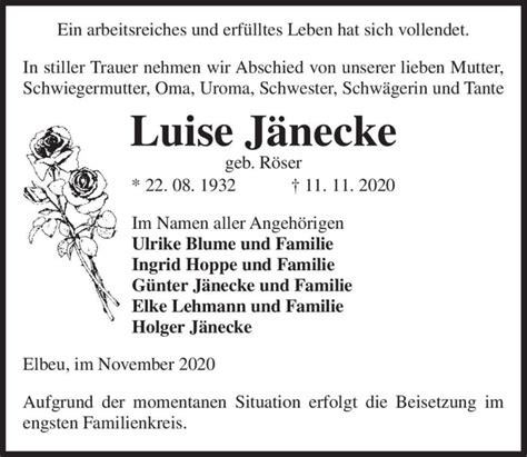 Traueranzeigen von Luise Jänecke geb Röser abschied nehmen de