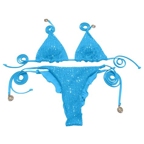 Shiny Sequin Triangle Sparkly Bikini Set With Padded Bra And Lace Up