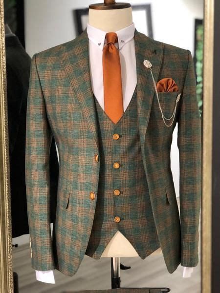 Folndess Slim Fit Plaid Suit Vest Khaki Bojoni Slim Fit Suits