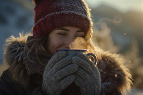Premium Photo Woman Enjoying Hot Drink In Winter Wonderland